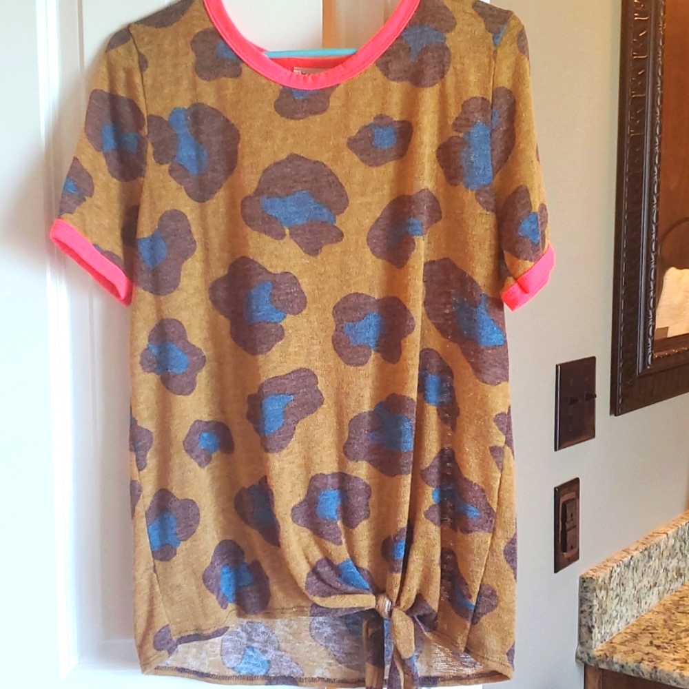 BiBi Mustard Leopard-Spot Short Sleeve Tee with Pink Trim
